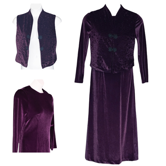 Vintage 70s Purple Velvet Maxi Dress w/Knot Button Vest Size 10 Gothic Victorian - Picture 1 of 11